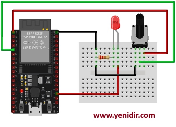 ESP32 Potansiyometre ve LED Bağlantı Şeması