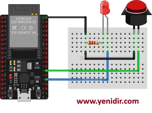 ESP32 Buton ve LED Bağlantı Şeması
