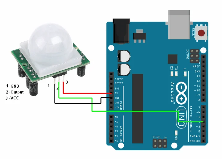 Arduino ile PIR Hareket Sensörü (HC-SR501) bağlantı şeması Arduino ile PIR Hareket Sensörü (HC-SR501) bağlantı şeması