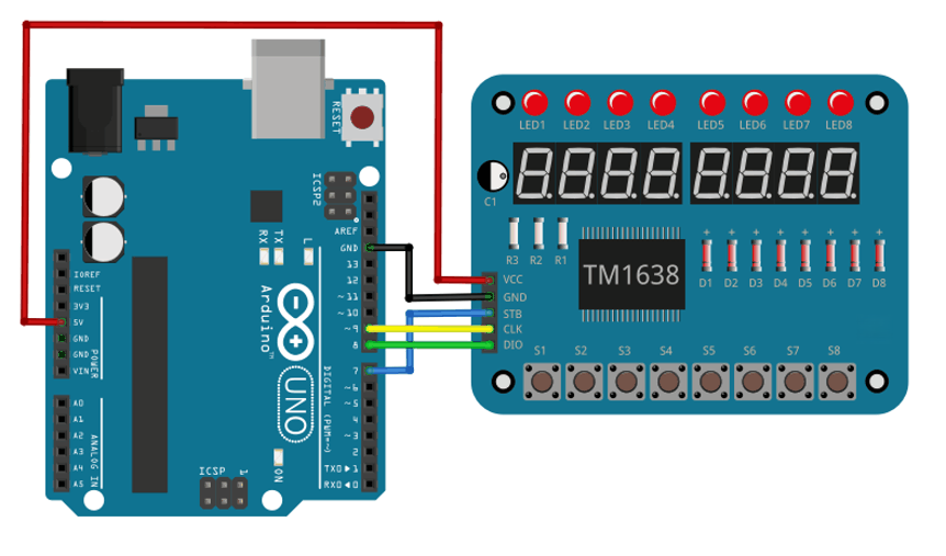 Arduino ile TM1638 Modülü bağlantı şeması Arduino ile TM1638 Modülü bağlantı şeması