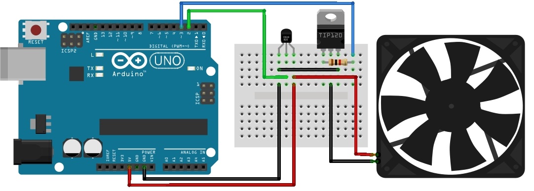 Arduino ve DS18B20 ile Sıcaklık Kontrollü Fan Uygulaması bağlantı şeması Arduino ve DS18B20 ile Sıcaklık Kontrollü Fan Uygulaması bağlantı şeması