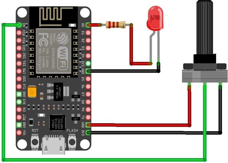 ESP8266 NodeMCU Potansiyometre ve LED Bağlantı Şeması