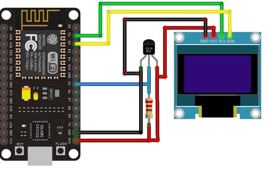 ESP8266 NodeMCU DS18B20 ve OLED Ekran Bağlantı Şeması