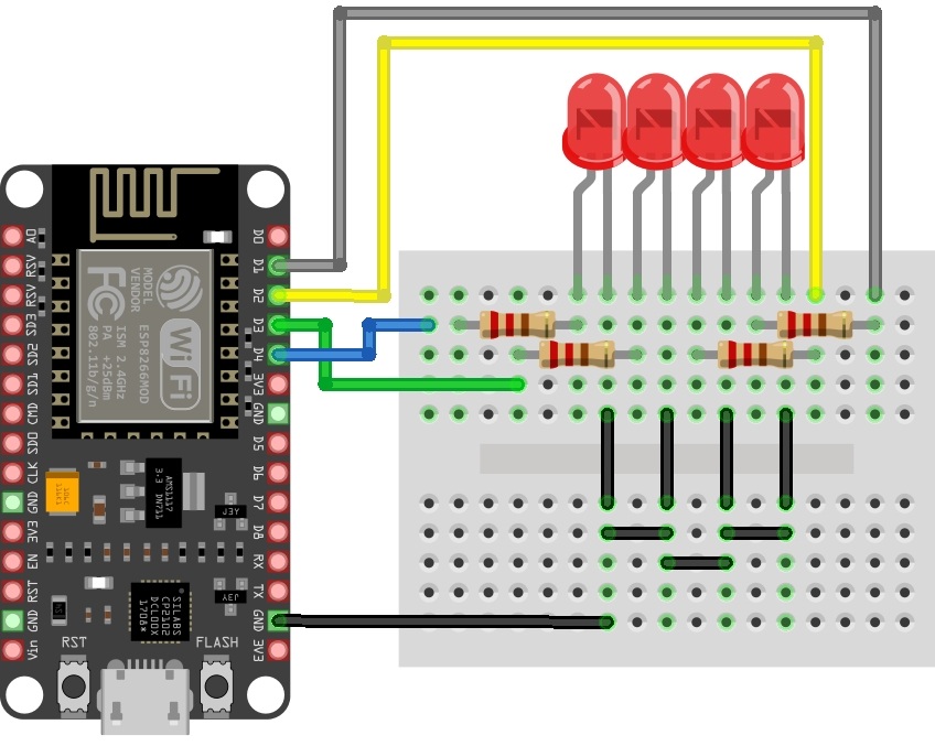 ESP8266 NodeMCU 4 LED Wi-Fi Kontrol Bağlantı Şeması