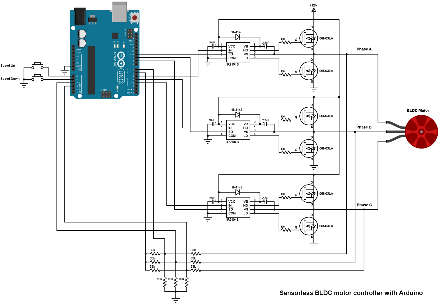 Arduino Sensörsüz BLDC Sürücü DIY ESC Şeması