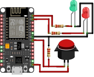 ESP8266 Buton ve 2 LED Bağlantı Şeması ESP8266 Buton ve 2 LED Bağlantı Şeması
