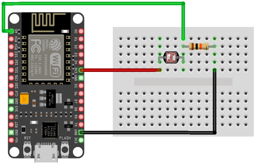 ESP8266 NodeMCU LDR Bağlantı Şeması ESP8266 NodeMCU LDR Bağlantı Şeması