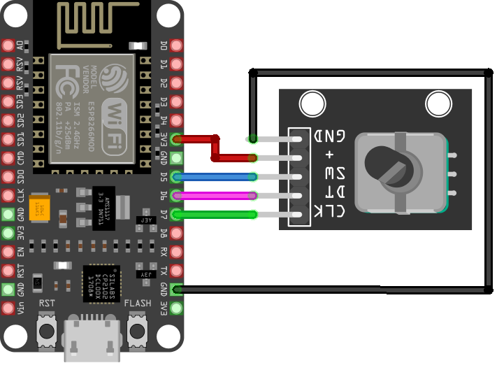 ESP8266 ve KY-040 Rotary Encoder Şeması ESP8266 NodeMCU ve KY-040 Rotary Encoder Bağlantı Şeması