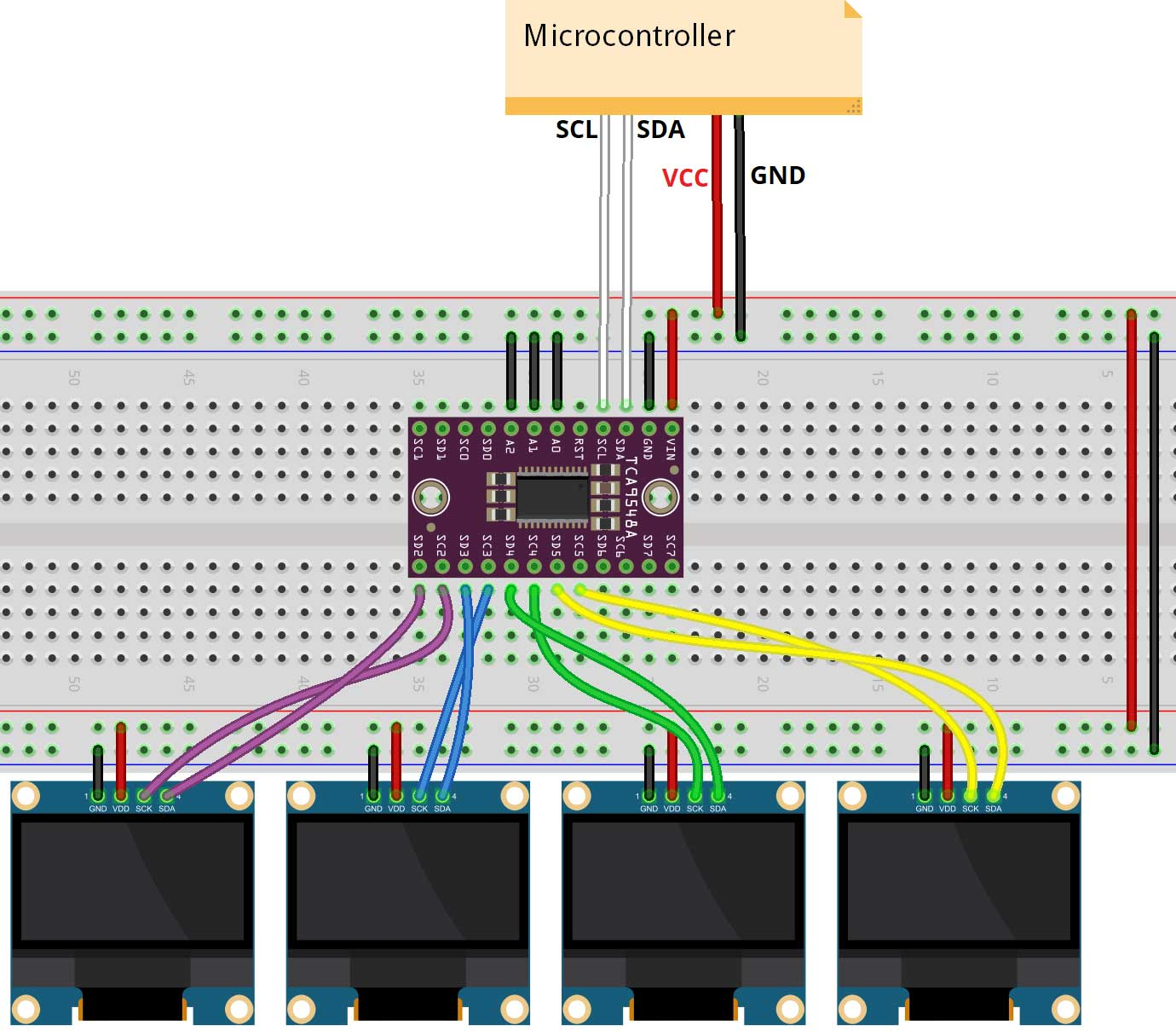 TCA9548A Multiplexer ve Çoklu OLED Şeması TCA9548A I2C Multiplexer ve Çoklu OLED Ekran Bağlantı Şeması